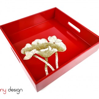 Red square lacquer tray hand-painted with lotus 32*H9 cm